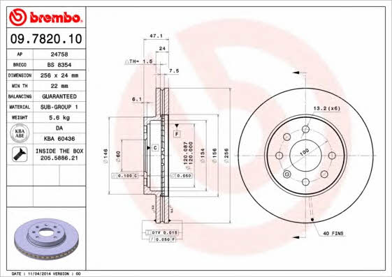 Тормозной диск вентилируемый, 1 шт. Brembo 09.7820.10