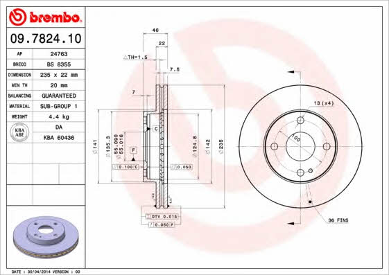 Тормозной диск вентилируемый, 1 шт. Brembo 09.7824.10