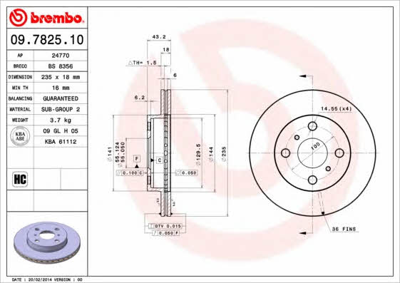Тормозной диск вентилируемый, 1 шт. Brembo 09.7825.10