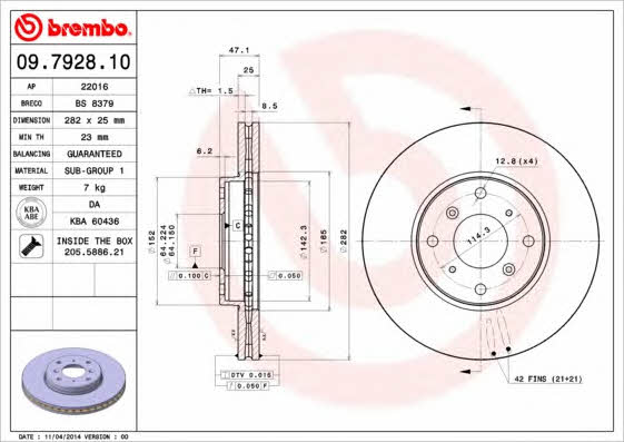 Тормозной диск передний вентилируемый Brembo 09.7928.10