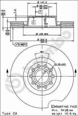 Диск гальмівний вентильований, 1 шт. Brembo 09.8324.11