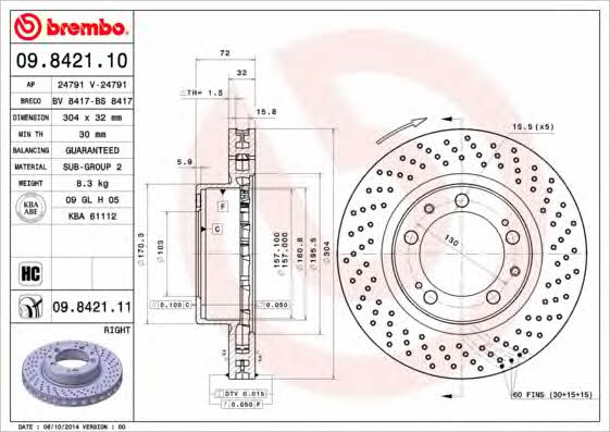 Тормозной диск вентилируемый с перфорацией Brembo 09.8421.11