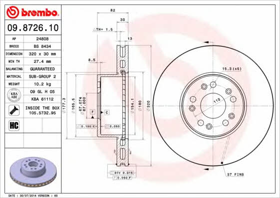 Тормозной диск вентилируемый, 1 шт. Brembo 09.8726.10