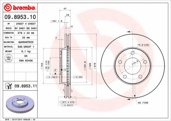 Тормозной диск вентилируемый, 1 шт. Brembo 09.8953.11