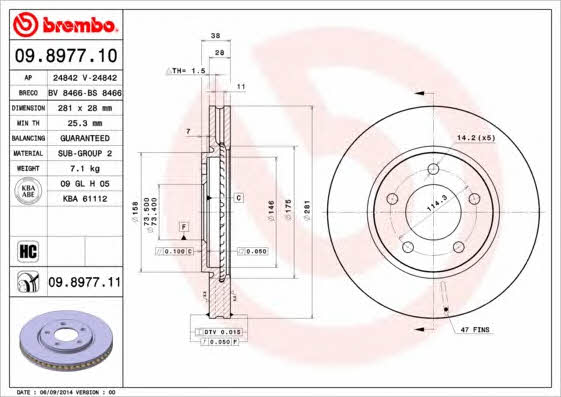 Тормозной диск вентилируемый, 1 шт. Brembo 09.8977.10