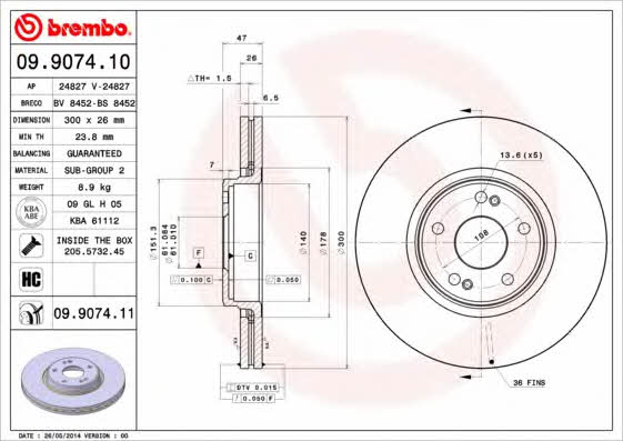 Тормозной диск вентилируемый, 1 шт. Brembo 09.9074.11