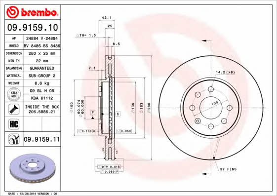 Тормозной диск вентилируемый, 1 шт. Brembo 09.9159.10