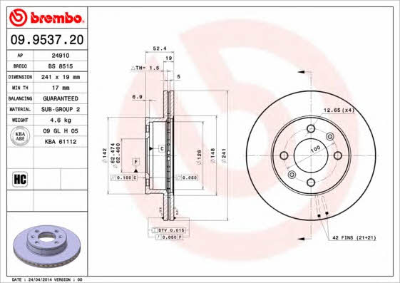 Тормозной диск вентилируемый, 1 шт. Brembo 09.9537.20
