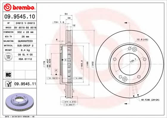 Тормозной диск вентилируемый, 1 шт. Brembo 09.9545.11