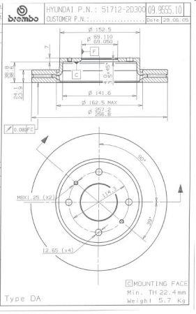 Тормозной диск вентилируемый, 1 шт. Brembo 09.9555.20