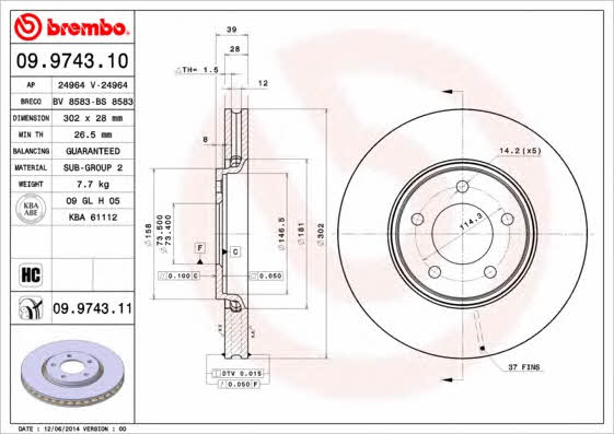 Тормозной диск передний вентилируемый Brembo 09.9743.11