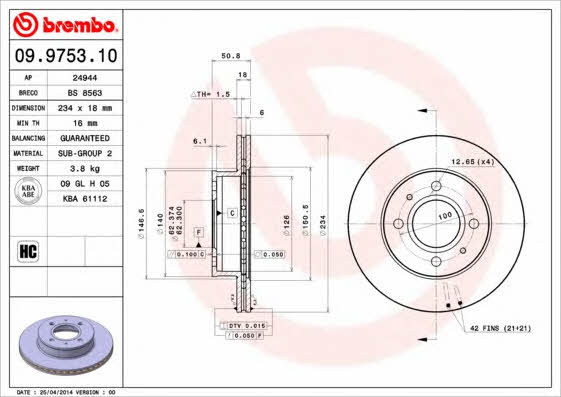 Тормозной диск вентилируемый, 1 шт. Brembo 09.9753.10
