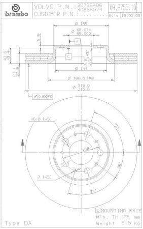 Тормозной диск вентилируемый, 1 шт. Brembo 09.9755.11