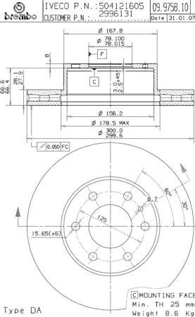 Тормозной диск вентилируемый, 1 шт. Brembo 09.9758.10