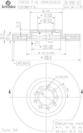 Тормозной диск вентилируемый, 1 шт. Brembo 09.9760.10