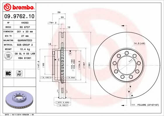 Тормозной диск вентилируемый, 1 шт. Brembo 09.9762.10