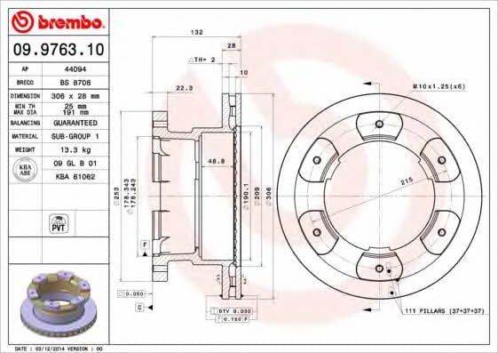 Тормозной диск задний вентилируемый Brembo 09.9763.10