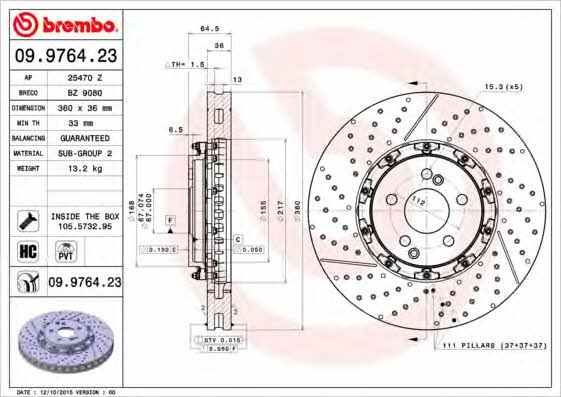 Тормозной диск передний вентилируемый Brembo 09.9764.23