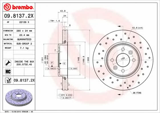 Тормозной диск вентилируемый с перфорацией Brembo 09.8137.2X