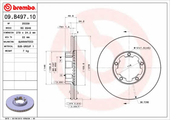 Тормозной диск вентилируемый, 1 шт. Brembo 09.B497.10