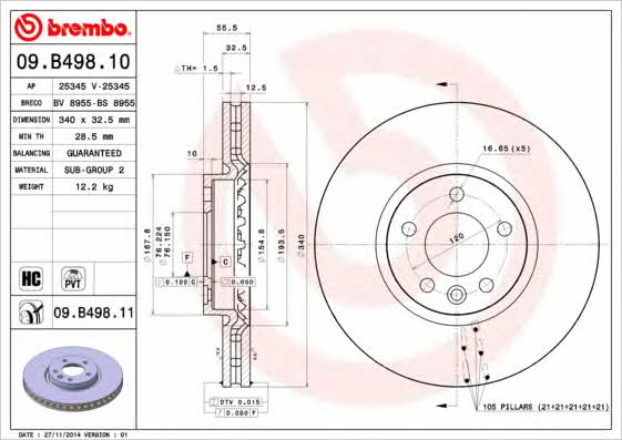 Тормозной диск вентилируемый, 1 шт. Brembo 09.B498.10