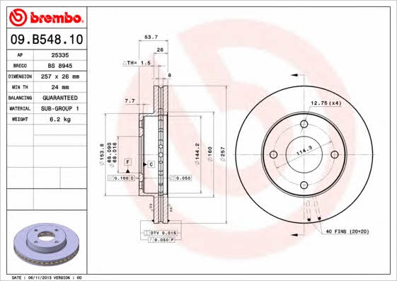 Тормозной диск передний вентилируемый Brembo 09.B548.10