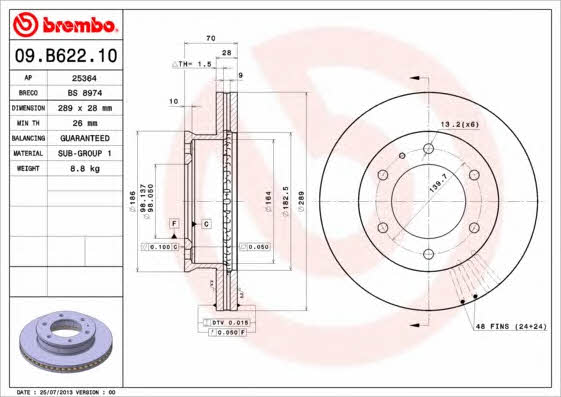 Тормозной диск передний вентилируемый Brembo 09.B622.10