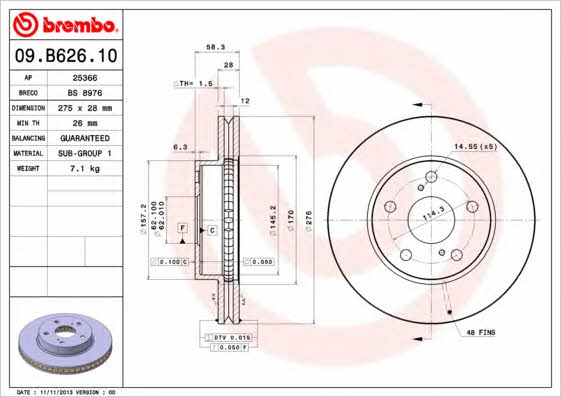 Тормозной диск вентилируемый, 1 шт. Brembo 09.B626.10