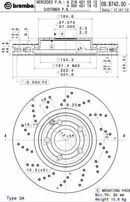 Тормозной диск вентилируемый с перфорацией Brembo 09.B742.51