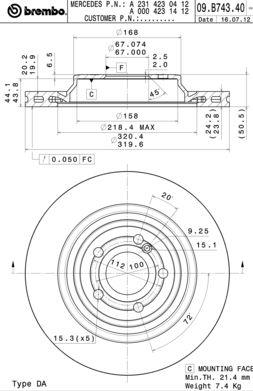 Тормозной диск вентилируемый, 1 шт. Brembo 09.B743.41
