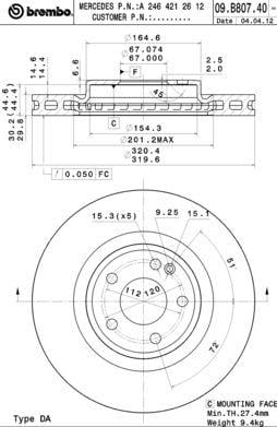 Тормозной диск вентилируемый, 1 шт. Brembo 09.B807.41