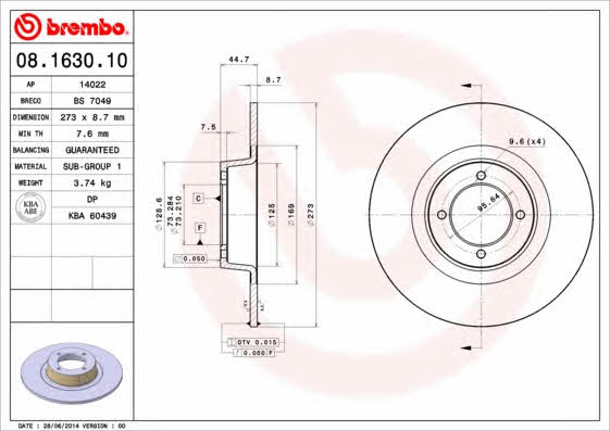 Тормозной диск передний невентилируемый Brembo 08.1630.10