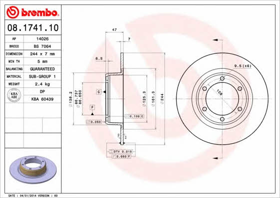 Тормозной диск передний невентилируемый Brembo 08.1741.10