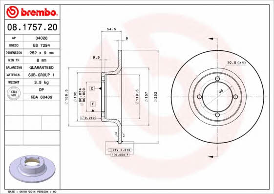 Тормозной диск передний невентилируемый Brembo 08.1757.20