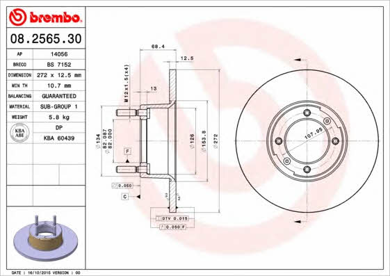 Тормозной диск передний невентилируемый Brembo 08.2565.30