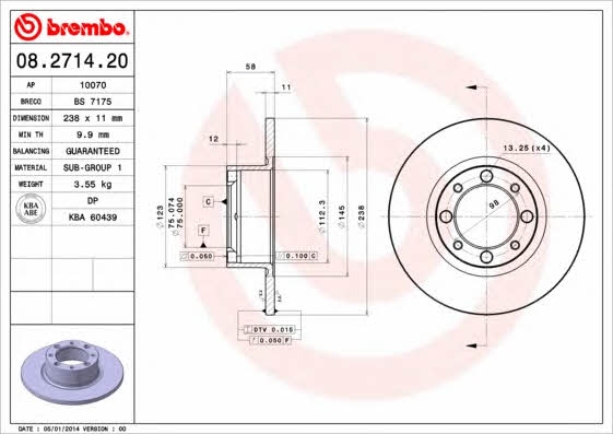 Тормозной диск передний невентилируемый Brembo 08.2714.20