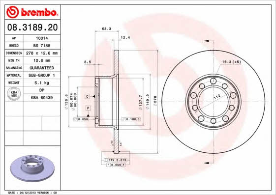 Тормозной диск передний невентилируемый Brembo 08.3189.20