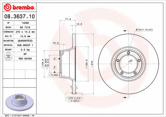 Тормозной диск передний невентилируемый Brembo 08.3637.10