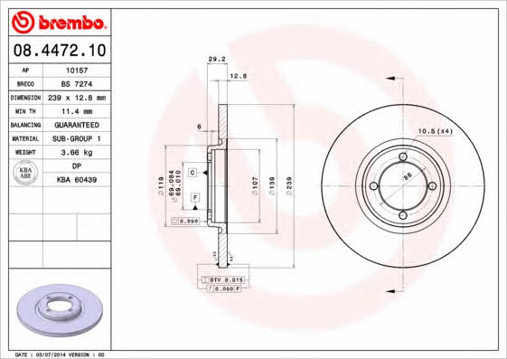 Тормозной диск передний невентилируемый Brembo 08.4472.10