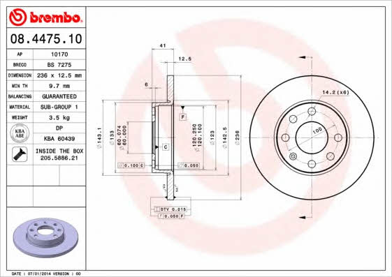 Тормозной диск передний невентилируемый Brembo 08.4475.10