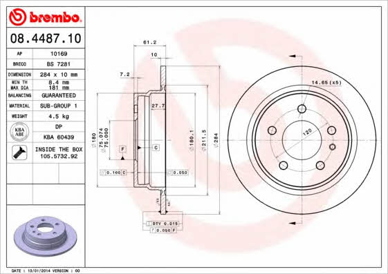 Тормозной диск задний невентилируемый Brembo 08.4487.10