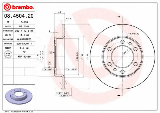 Тормозной диск передний невентилируемый Brembo 08.4504.20