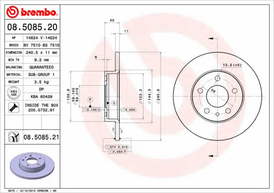 Тормозной диск задний невентилируемый Brembo 08.5085.21