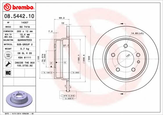 Тормозной диск задний невентилируемый Brembo 08.5442.10