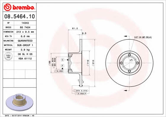 Тормозной диск передний невентилируемый Brembo 08.5464.10