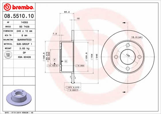 Тормозной диск задний невентилируемый Brembo 08.5510.10