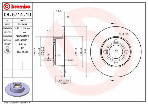 Тормозной диск передний невентилируемый Brembo 08.5714.10