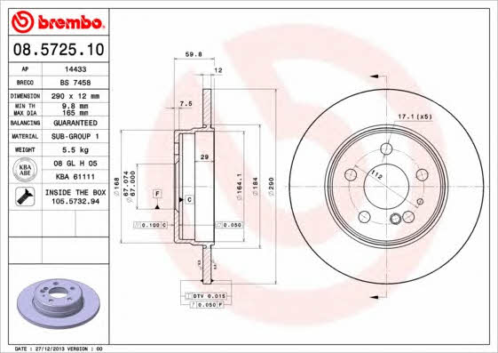 Тормозной диск задний невентилируемый Brembo 08.5725.10