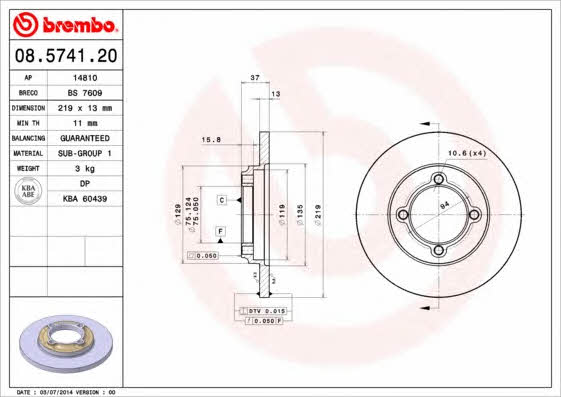 Тормозной диск передний невентилируемый Brembo 08.5741.20