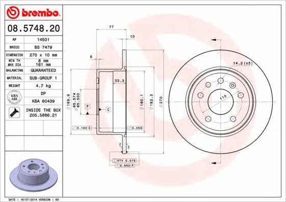 Тормозной диск задний невентилируемый Brembo 08.5748.20